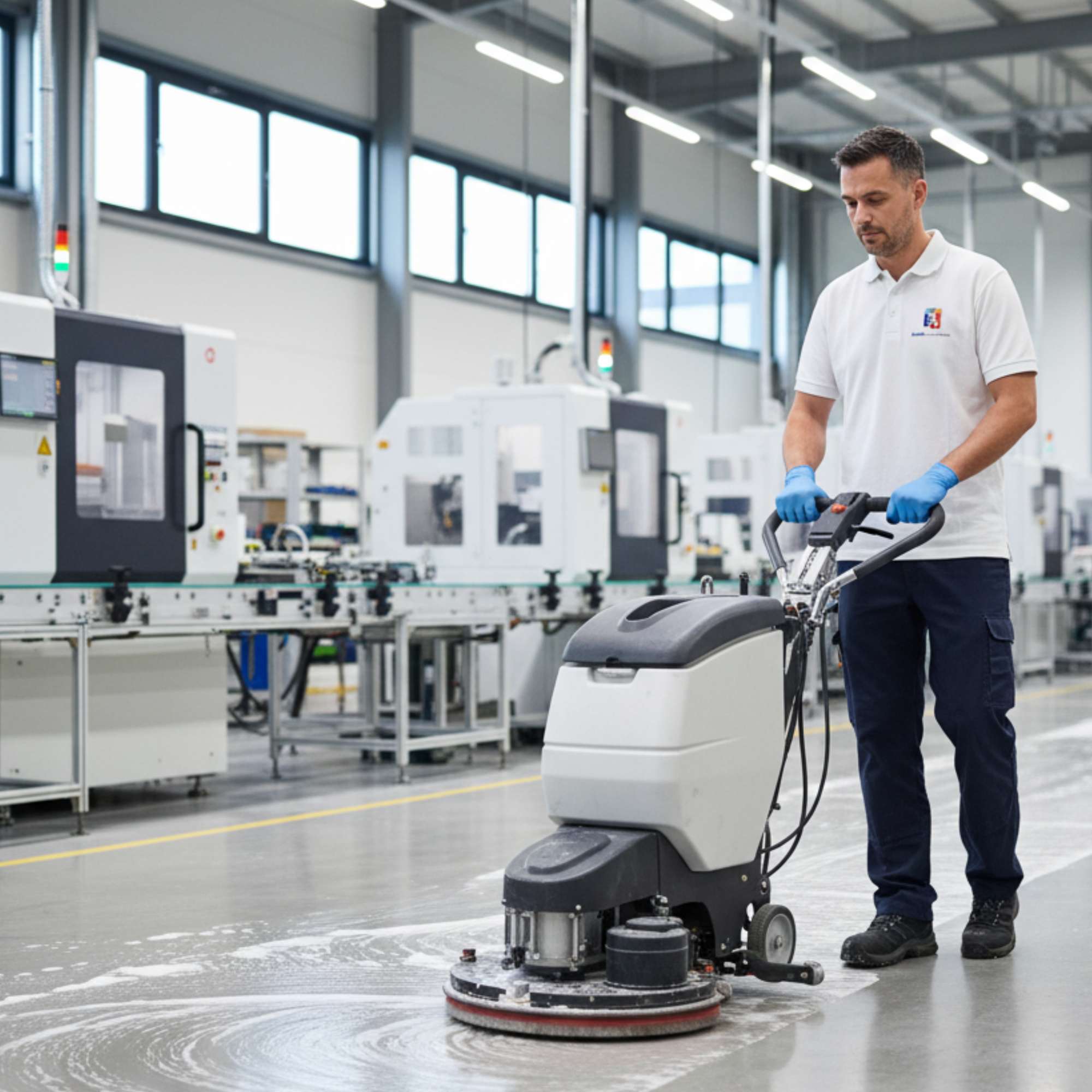 Een medewerker met professionele materialen maakt een bedrijfsruimte schoon
