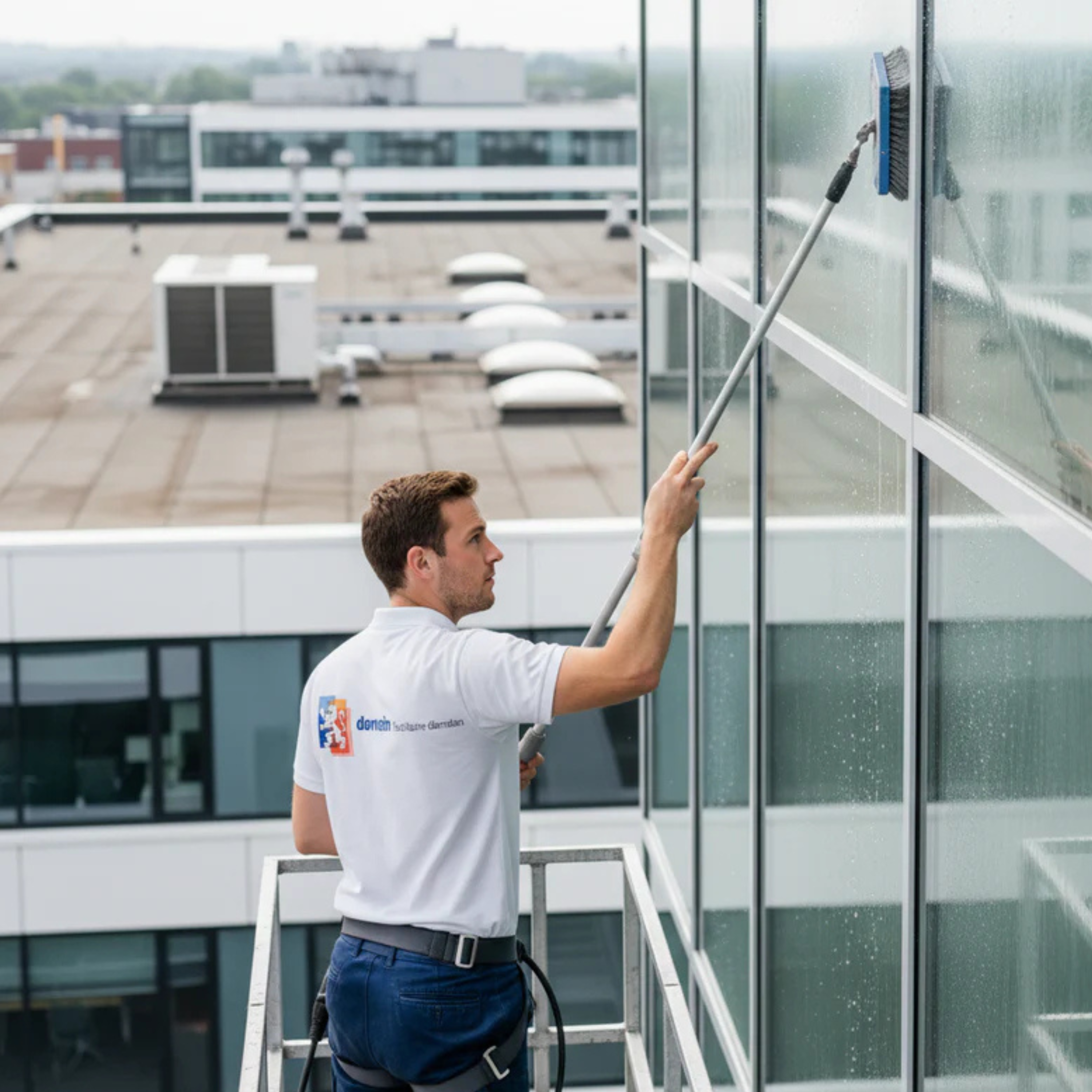 Een glazenwasser aan het werk voor domein facilitaire diensten