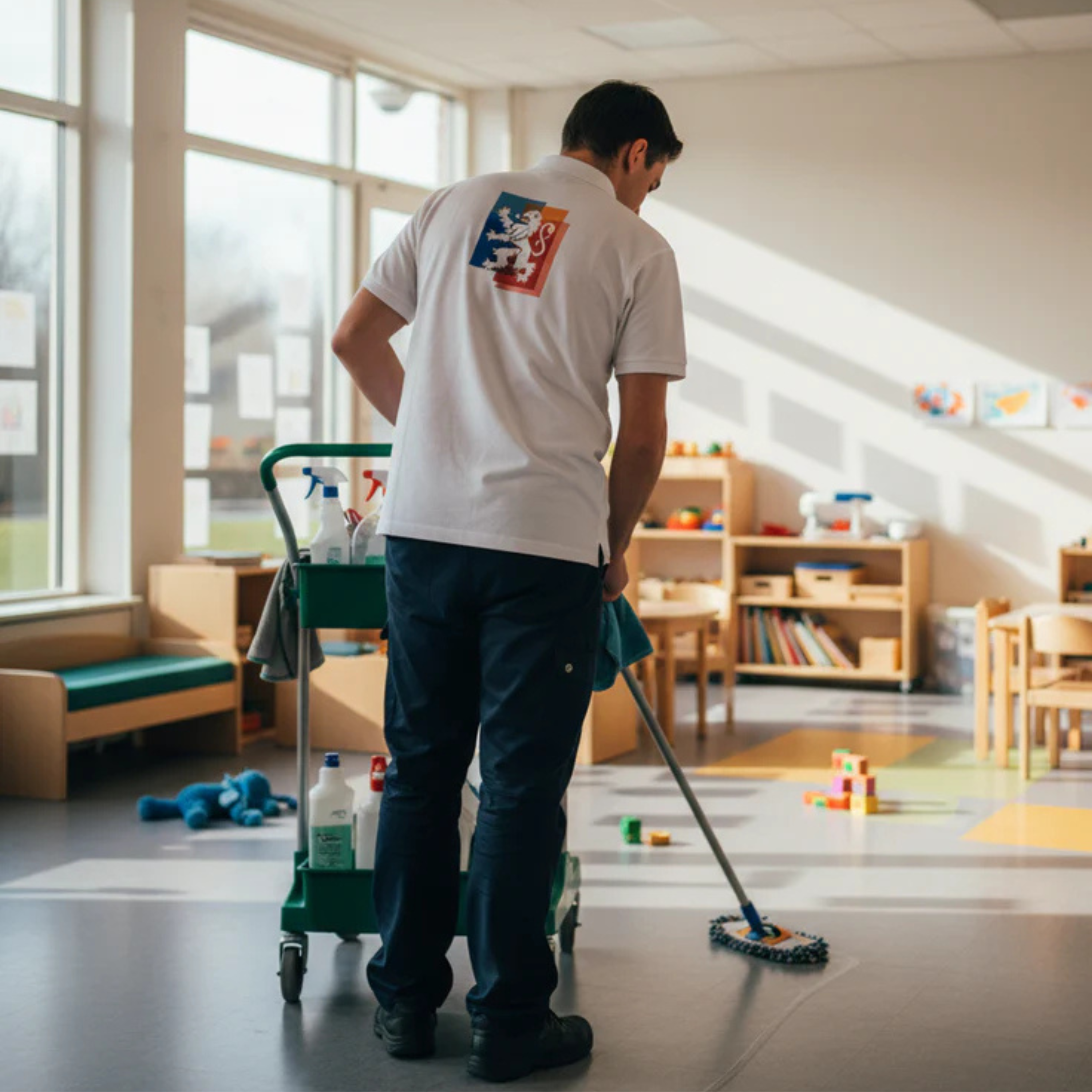 Schoonmaken van een BSO of kinderdagverblijf door een medewerker van Domein Facilitaire Diensten