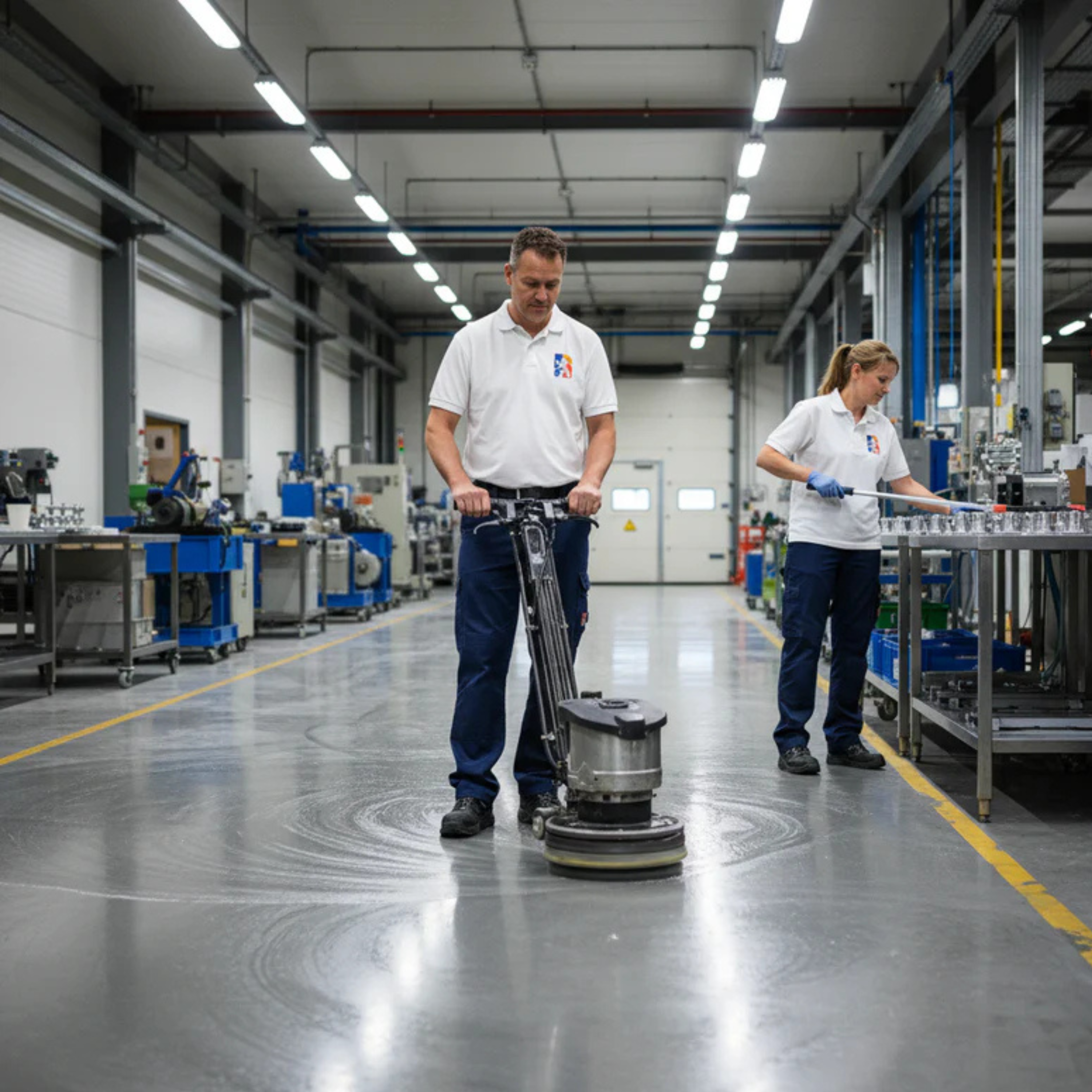 twee schoonmakers aan het werk in een bedrijfshal