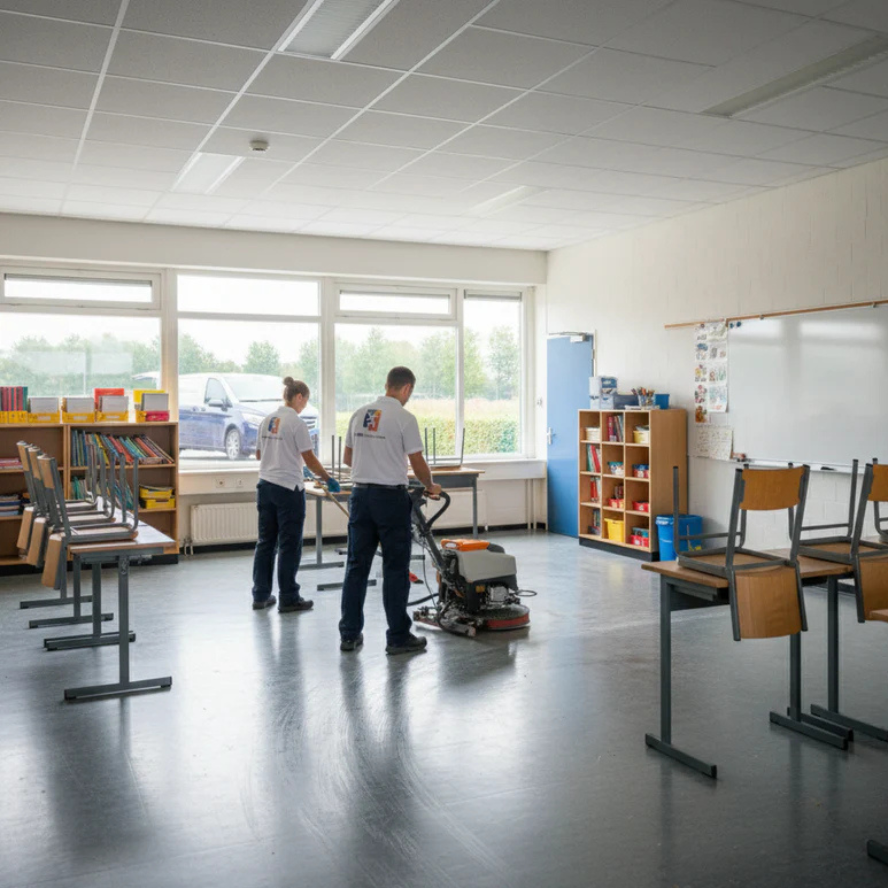 twee medewerkers van Domein Facilitaire Diensten dweilen de vloer van een klaslokaal in een basisschool