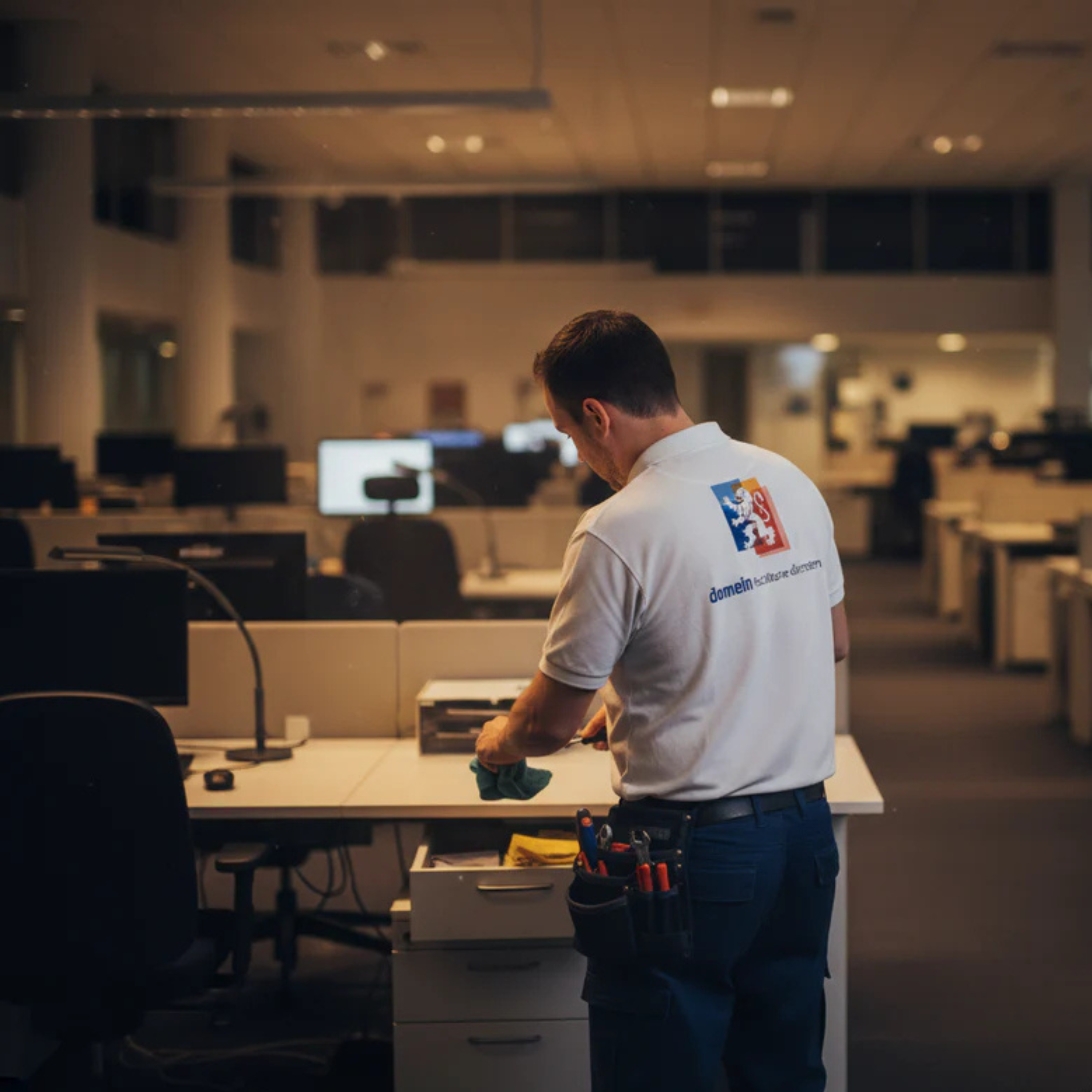 Schoonmaker maakt een bureau schoon volgens clean desk policy in een flex workspace