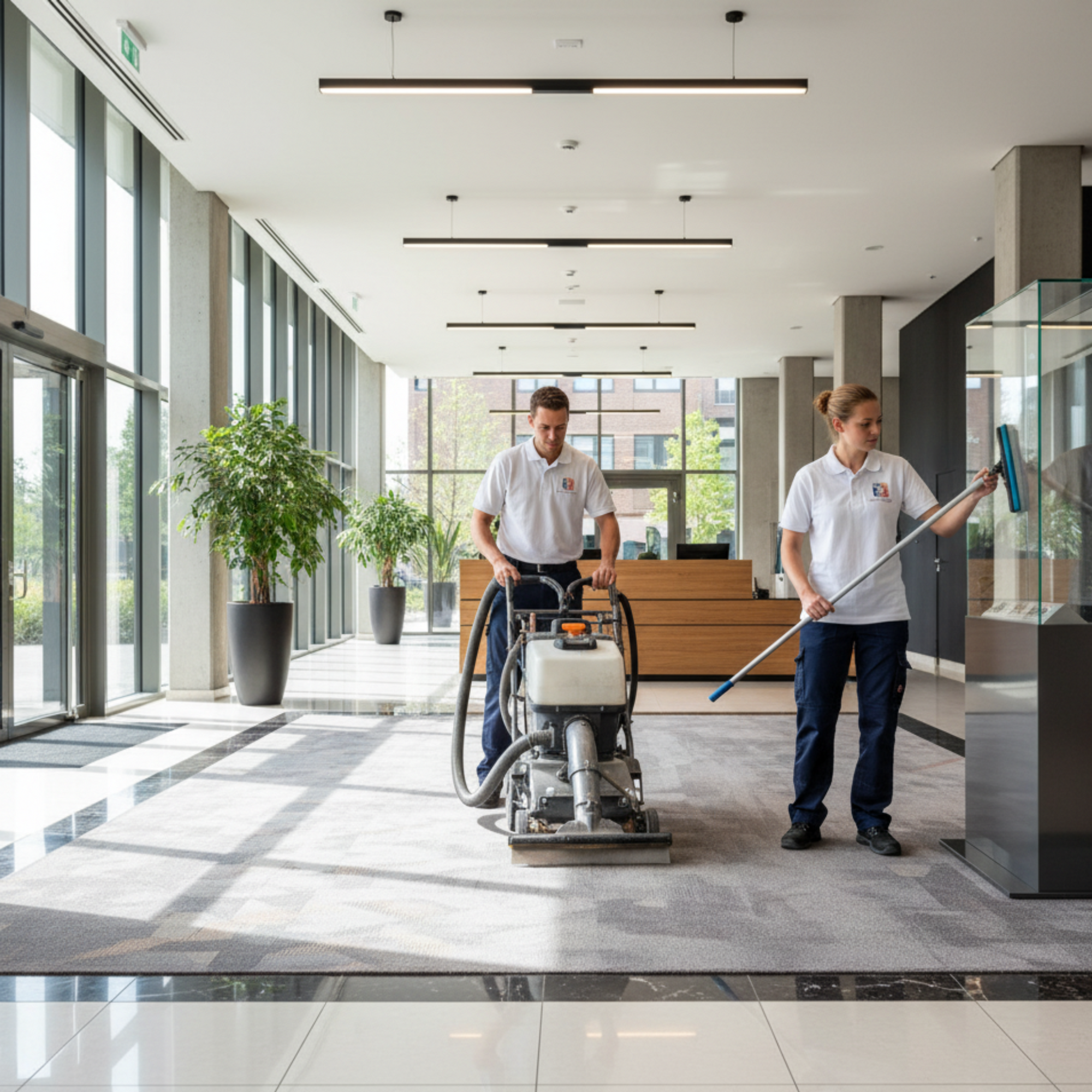 Twee medewerkers in actie met het schoonmaken van VVE