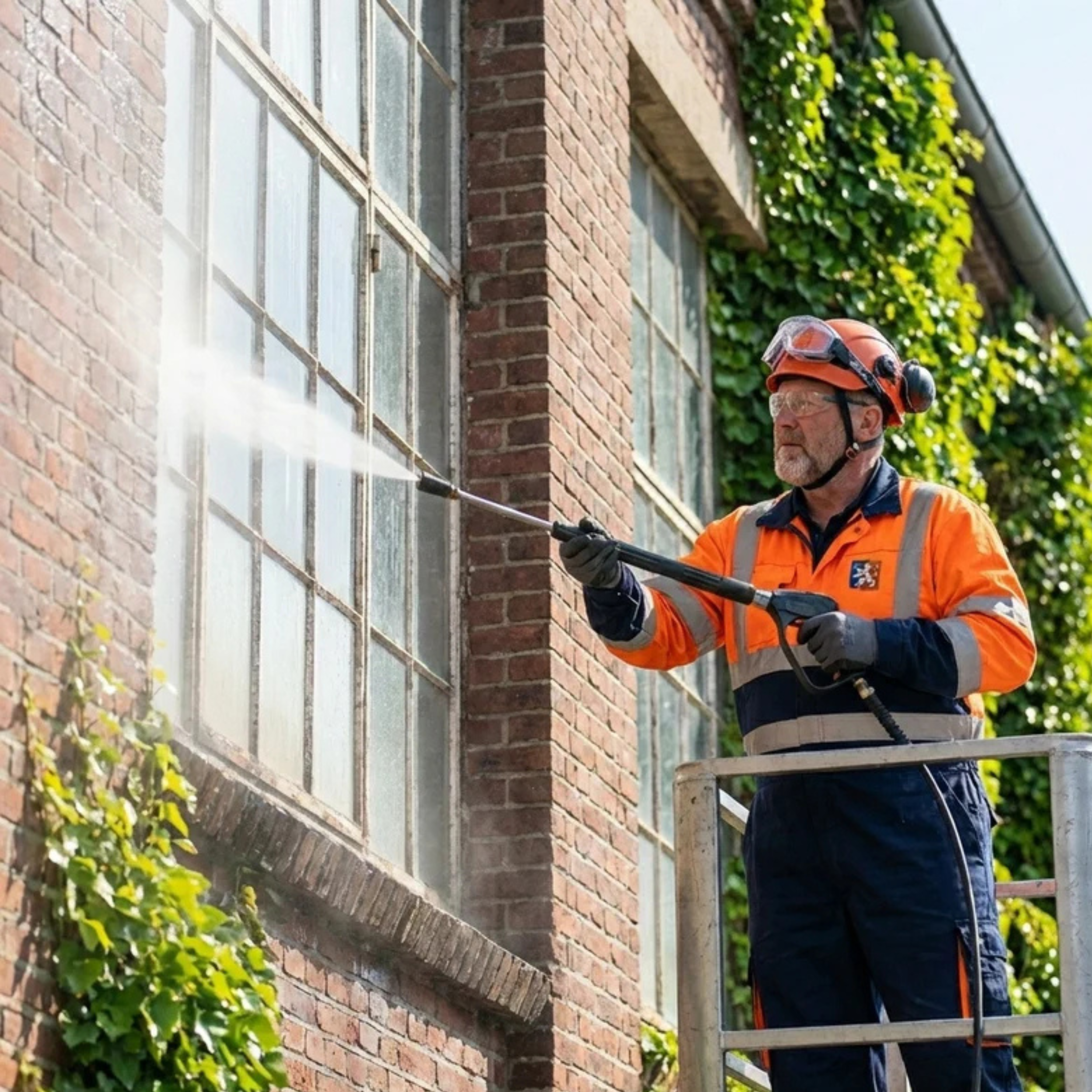 Professionele gevelreiniging door domein facilitaire diensten met een hoogwerker