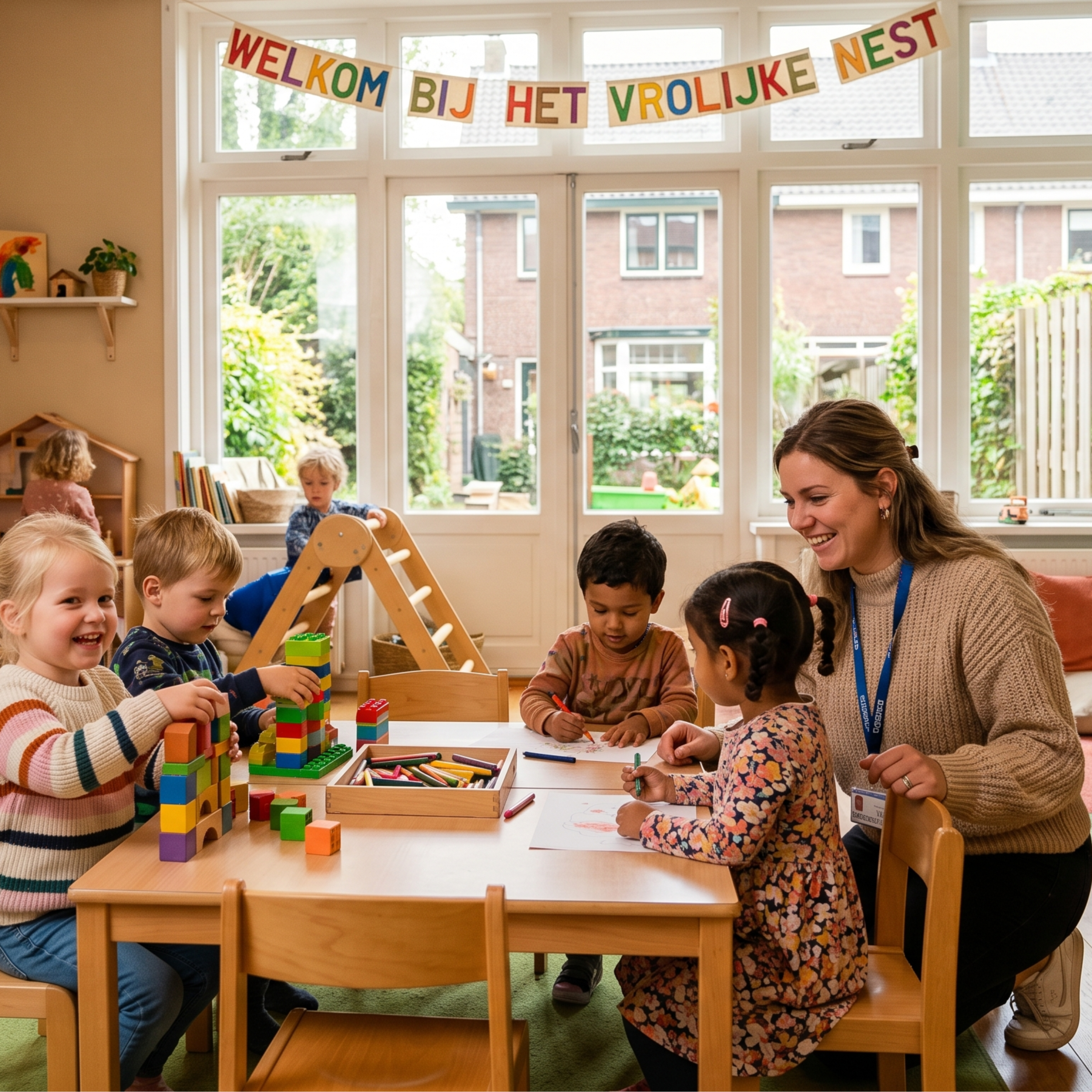 Gezellige kinderdagverblijf met lachende kinderen omdat de kinderdagverblijf schoon en fris is