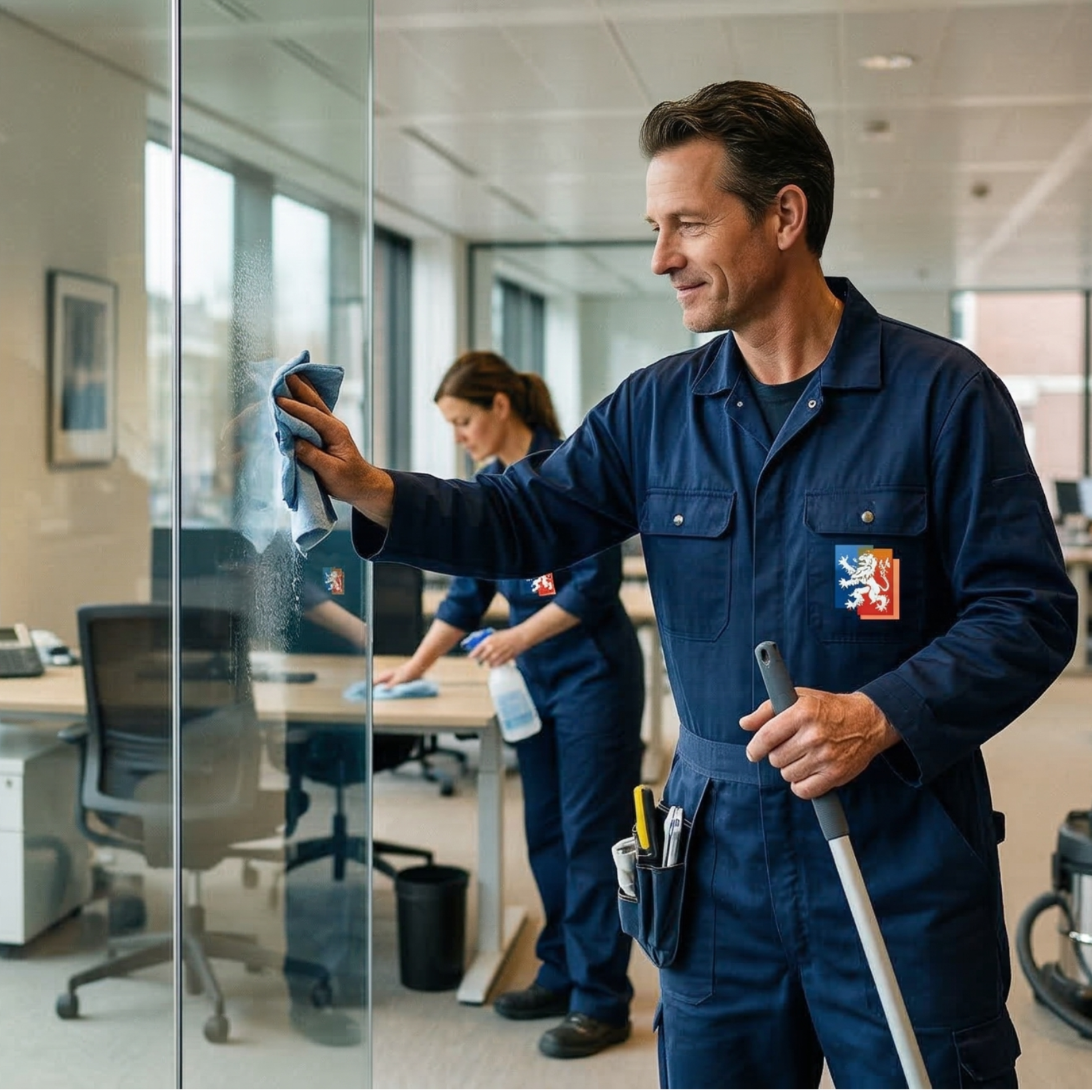 twee medewerkers van domein facilitaire diensten maken een historisch pand in amsterdam schoon