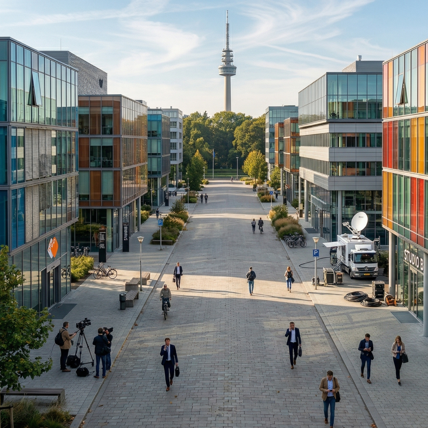 Overzicht van een modern studiocomplex en kantoorgebouw op het Media Park in Hilversum.