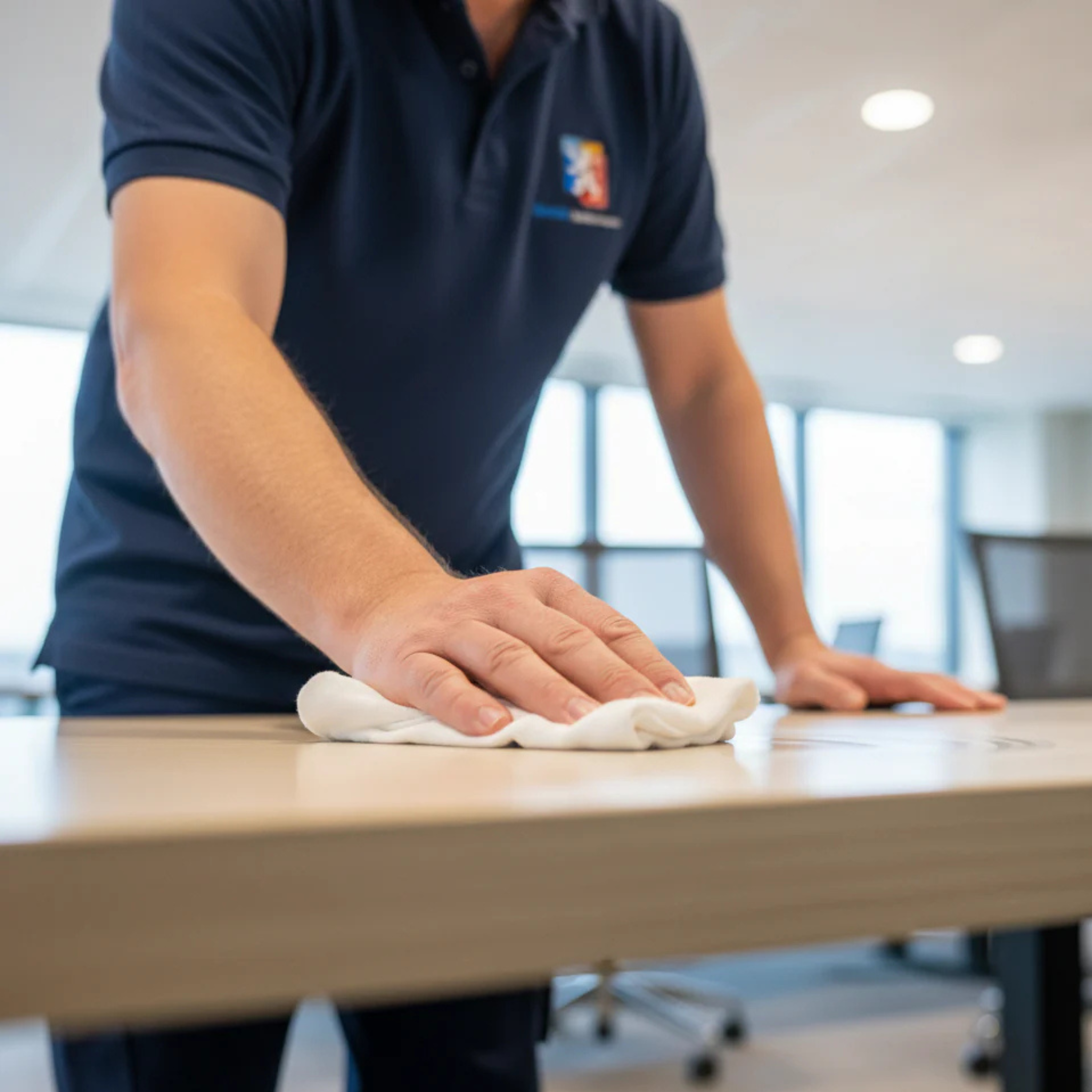 Schoonmaken van bureaublad in kantoor