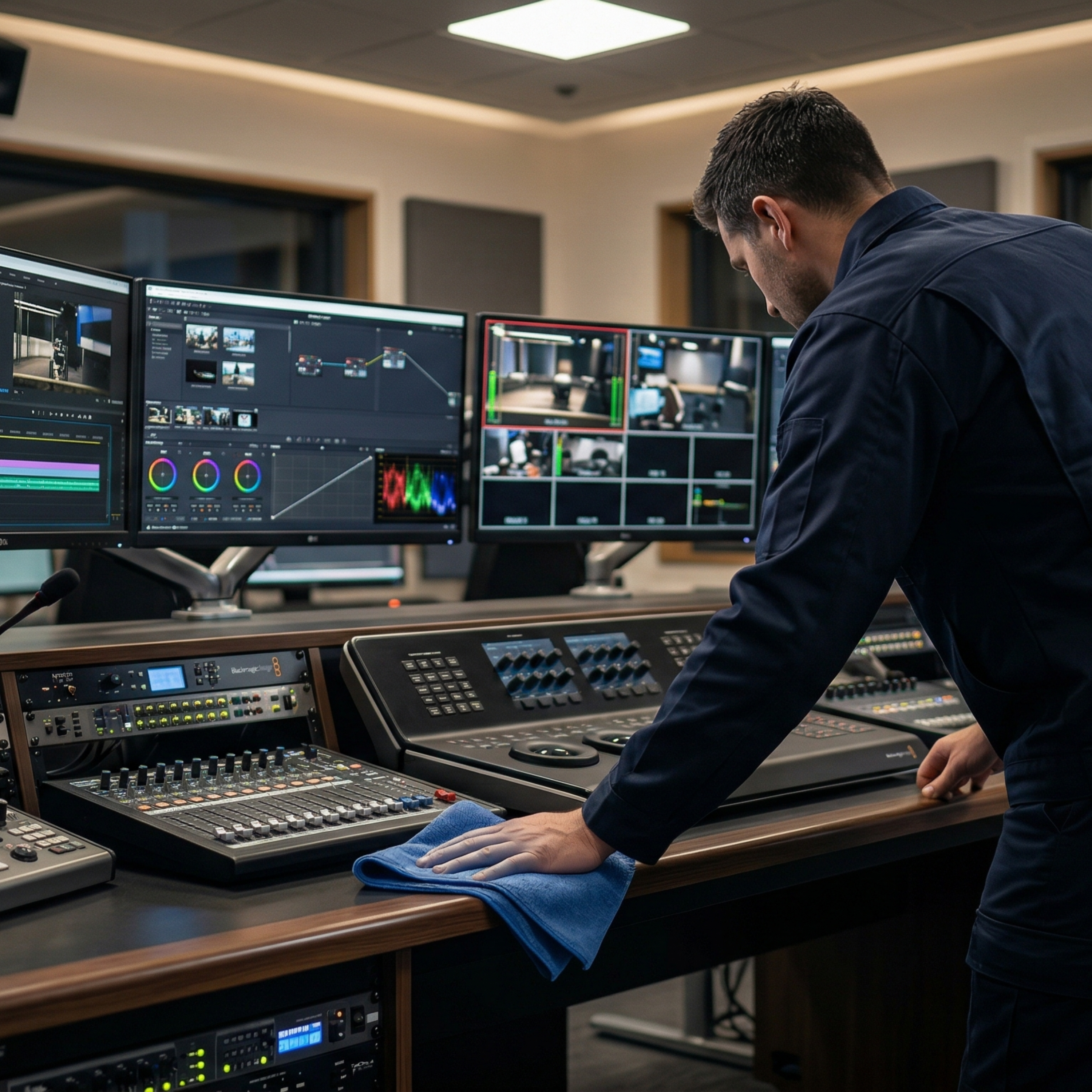 Een medewerker van Domein Facilitaire Diensten reinigt zorgvuldig en veilig een technische werkplek in een montagestudio op het Media Park.
